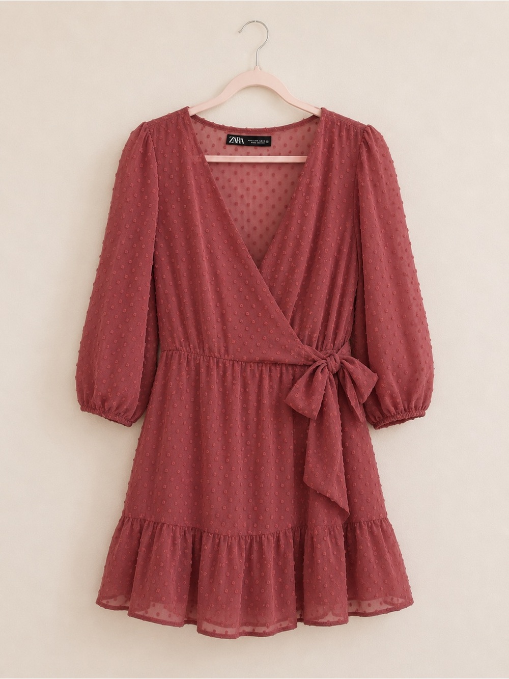 Zara Dusty Rose Swiss Dot Wrap Mini Dress